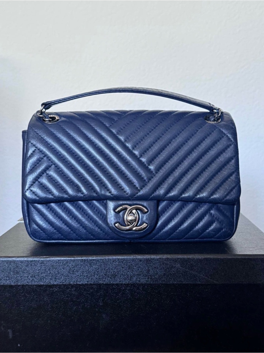 Chanel Small CC Flap Chevron Navy Blue Lambskin Ruthenium Hardware